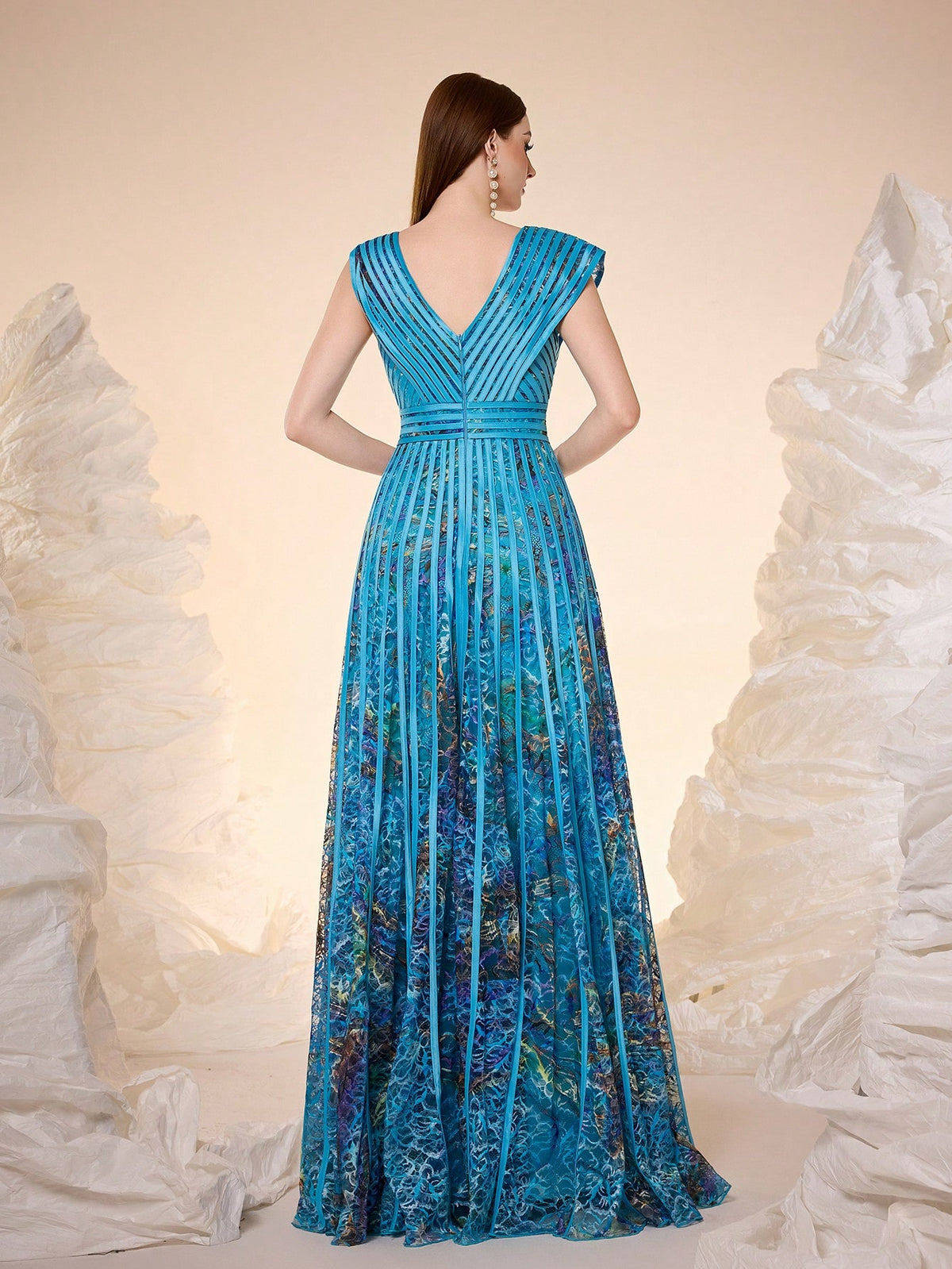 Women Elegant Fall Winter V Neck Cap Ruffle Sleeve Lace Printed Belted A-Line Flowy Maxi Evening Gown For Wedding Guest, Dinner, Party