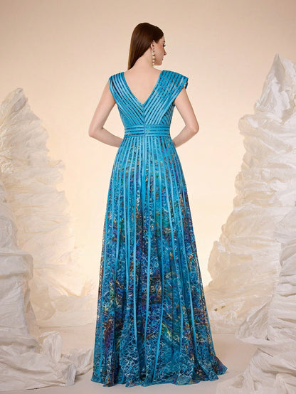 Women Elegant Fall Winter V Neck Cap Ruffle Sleeve Lace Printed Belted A-Line Flowy Maxi Evening Gown For Wedding Guest, Dinner, Party