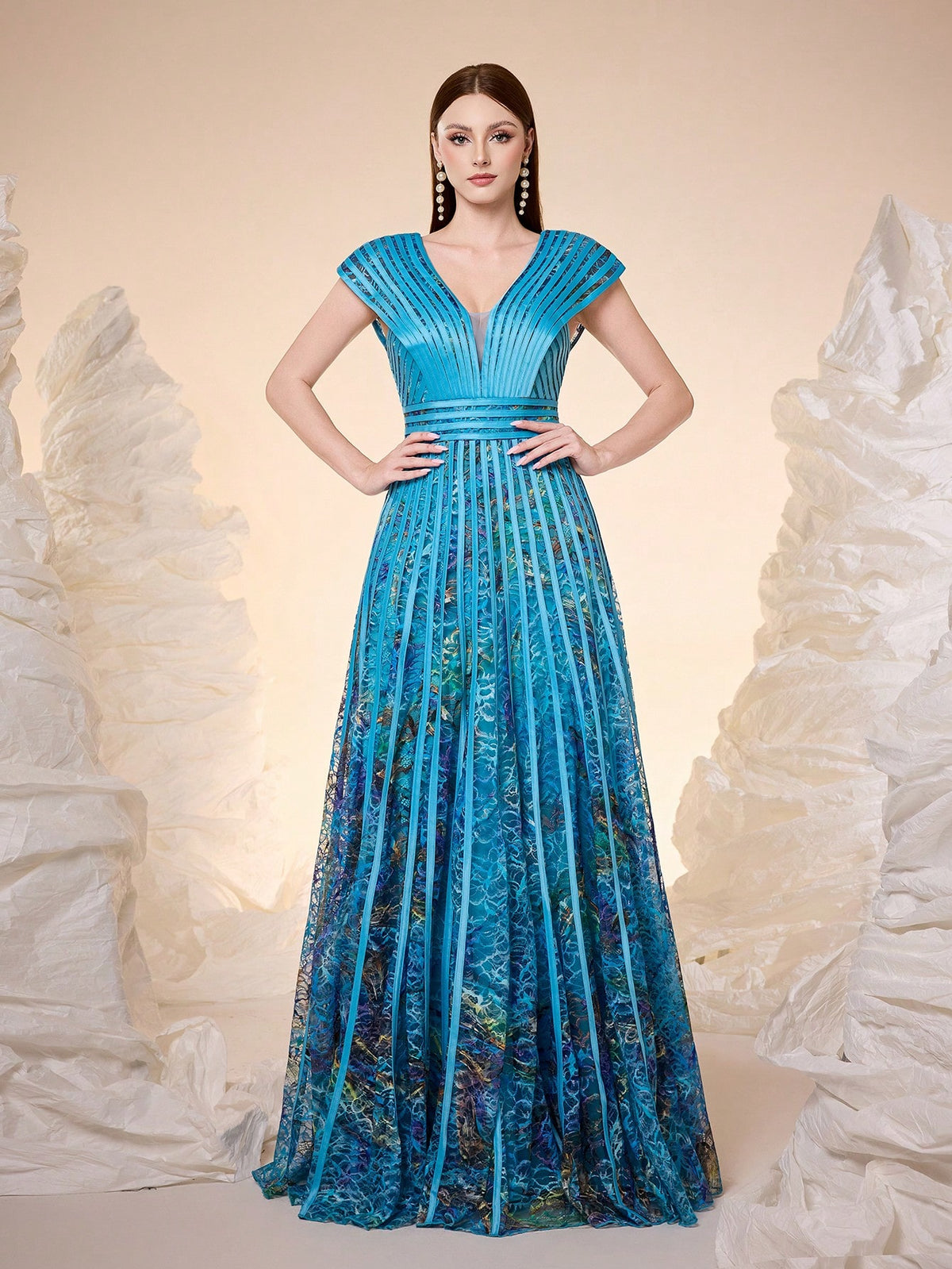 Women Elegant Fall Winter V Neck Cap Ruffle Sleeve Lace Printed Belted A-Line Flowy Maxi Evening Gown For Wedding Guest, Dinner, Party