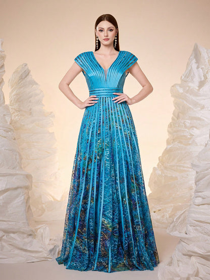 Women Elegant Fall Winter V Neck Cap Ruffle Sleeve Lace Printed Belted A-Line Flowy Maxi Evening Gown For Wedding Guest, Dinner, Party
