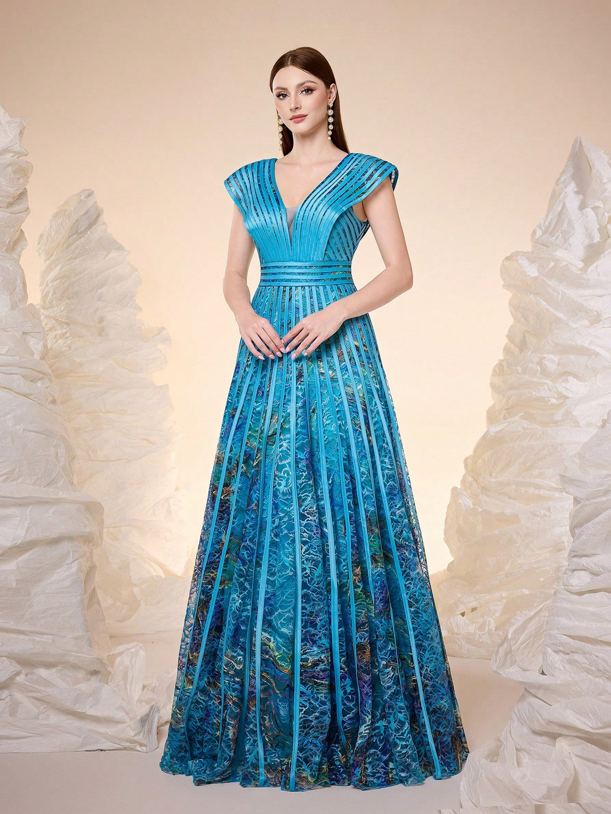 Women Elegant Fall Winter V Neck Cap Ruffle Sleeve Lace Printed Belted A-Line Flowy Maxi Evening Gown For Wedding Guest, Dinner, Party