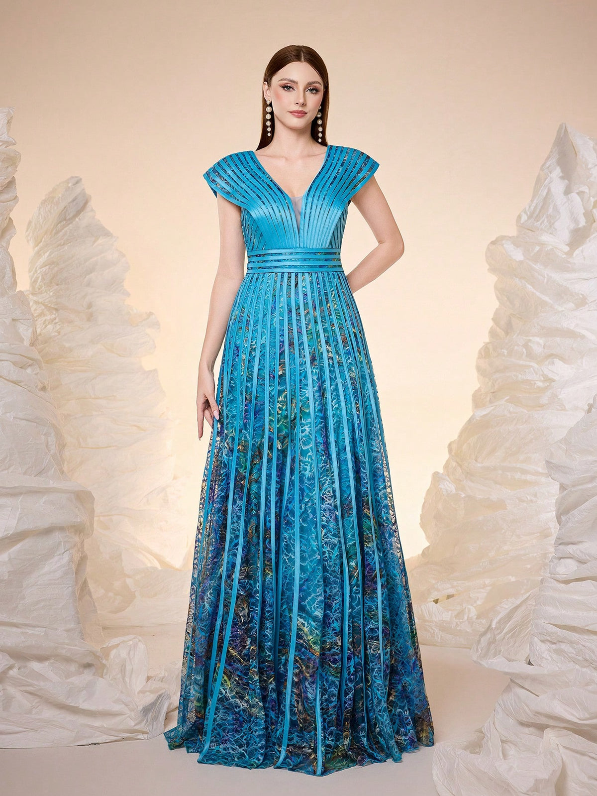 Women Elegant Fall Winter V Neck Cap Ruffle Sleeve Lace Printed Belted A-Line Flowy Maxi Evening Gown For Wedding Guest, Dinner, Party