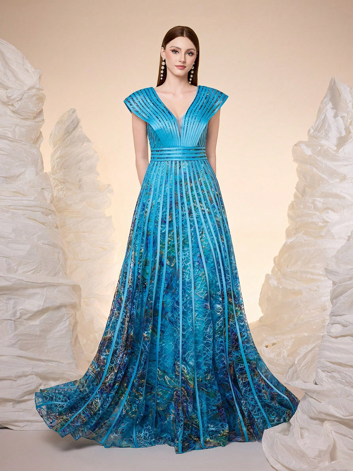 Women Elegant Fall Winter V Neck Cap Ruffle Sleeve Lace Printed Belted A-Line Flowy Maxi Evening Gown For Wedding Guest, Dinner, Party