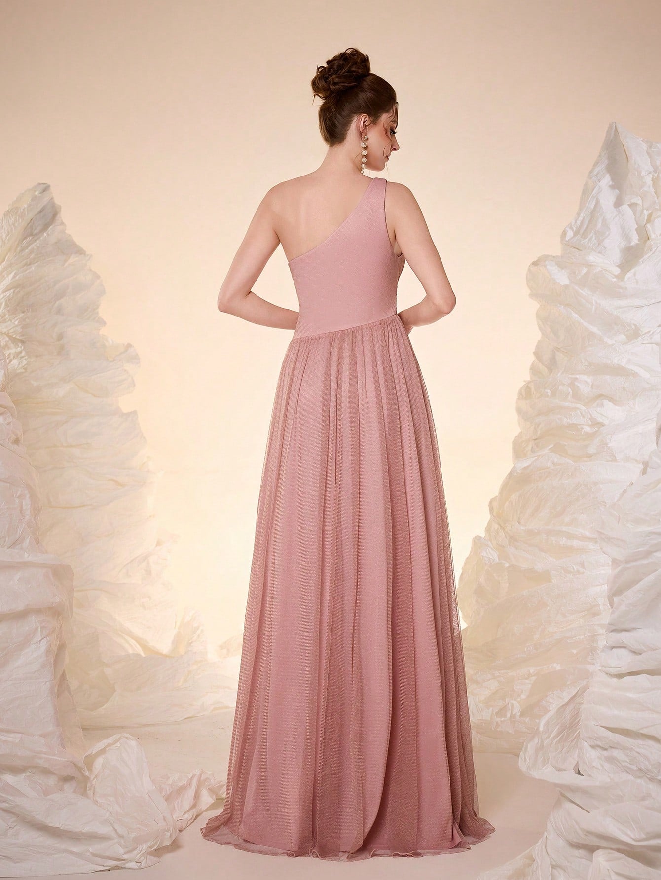 New Off Shoulder Solid Bridesmaid Dress, Sheer Mesh Ruffle High Slit Maxi Dress Wedding