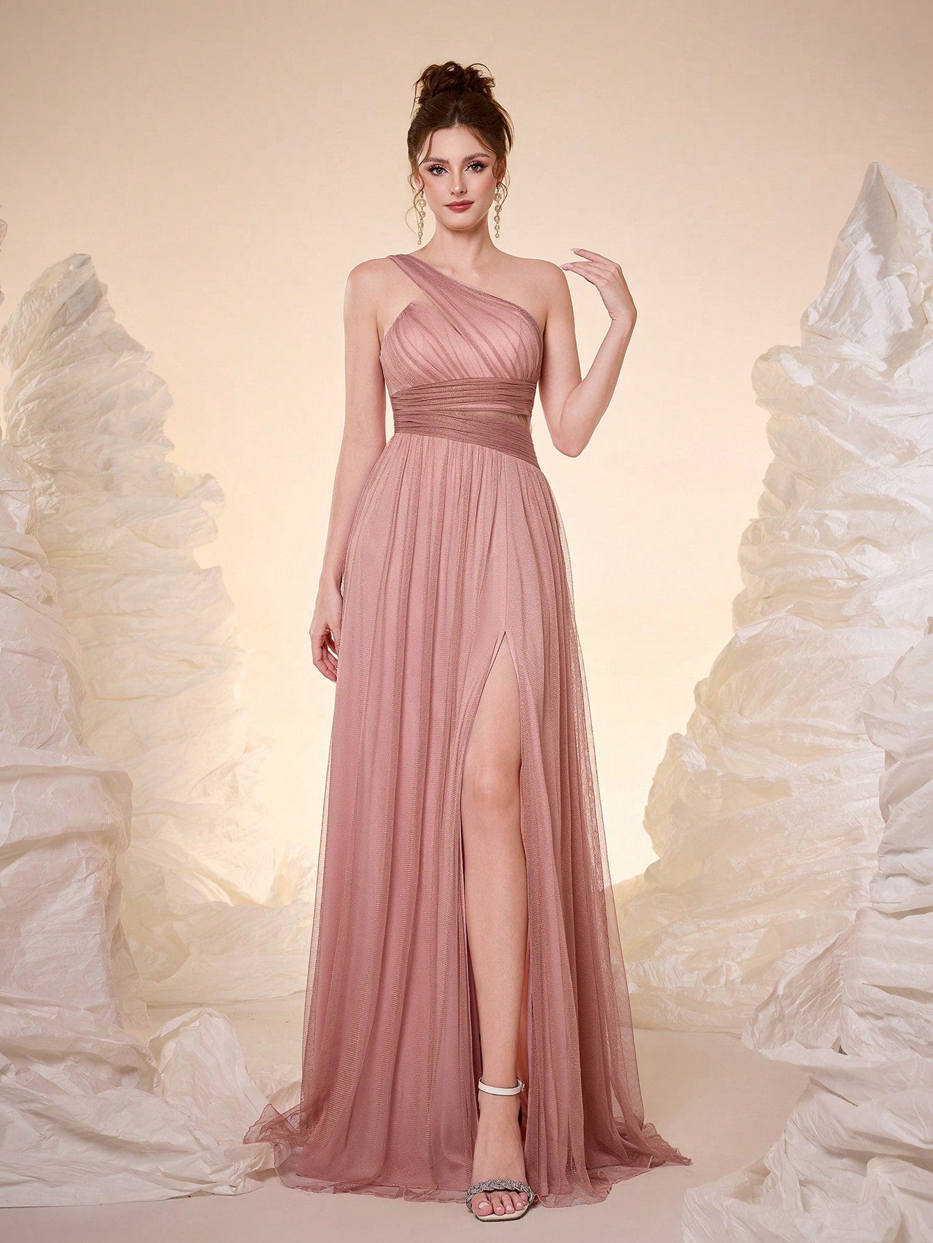 New Off Shoulder Solid Bridesmaid Dress, Sheer Mesh Ruffle High Slit Maxi Dress Wedding