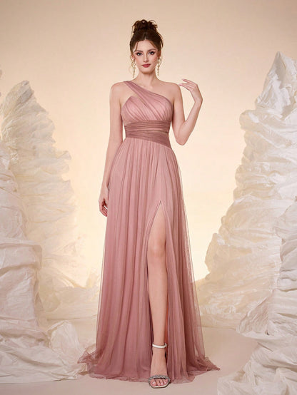 New Off Shoulder Solid Bridesmaid Dress, Sheer Mesh Ruffle High Slit Maxi Dress Wedding