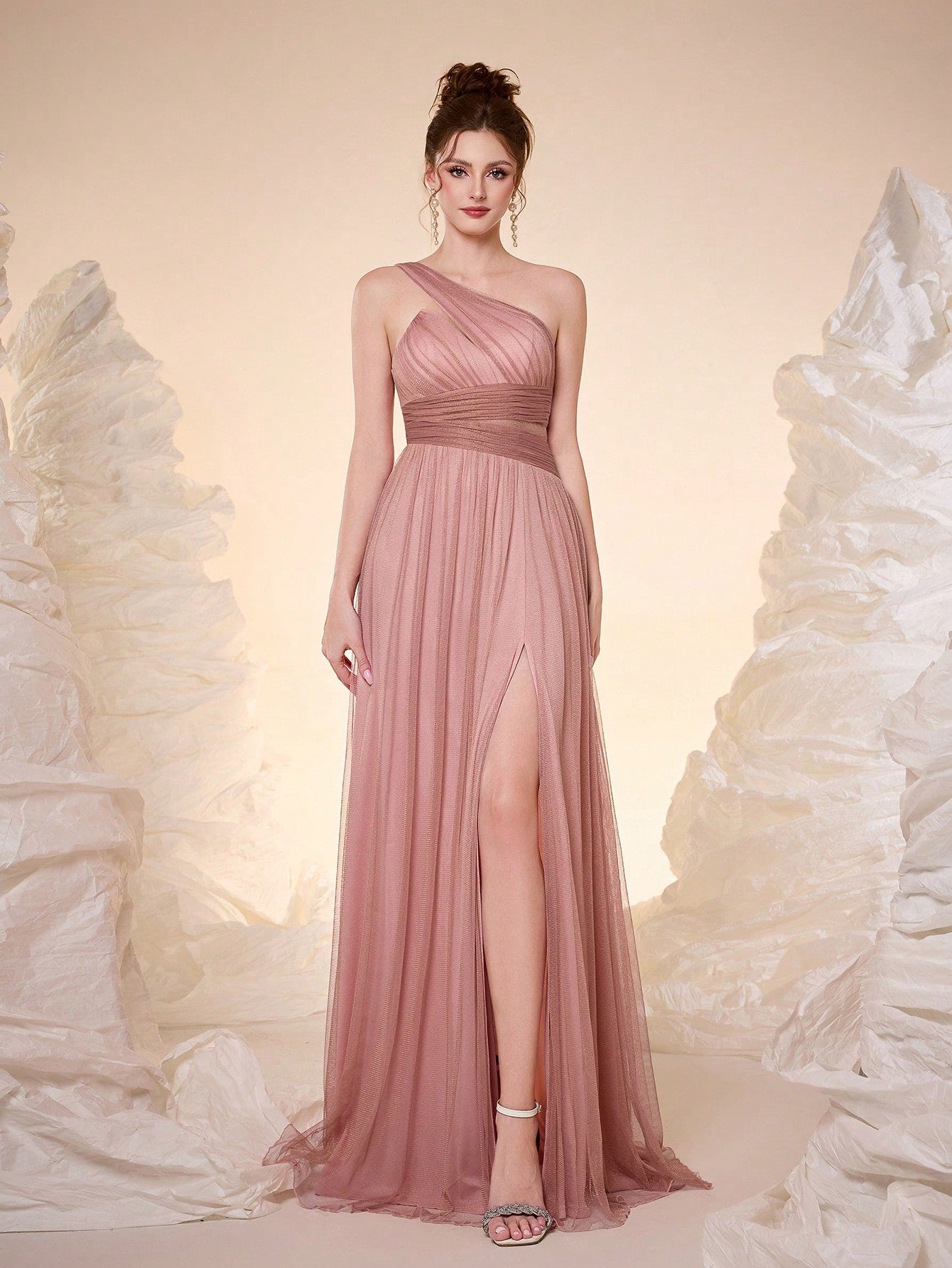 New Off Shoulder Solid Bridesmaid Dress, Sheer Mesh Ruffle High Slit Maxi Dress Wedding