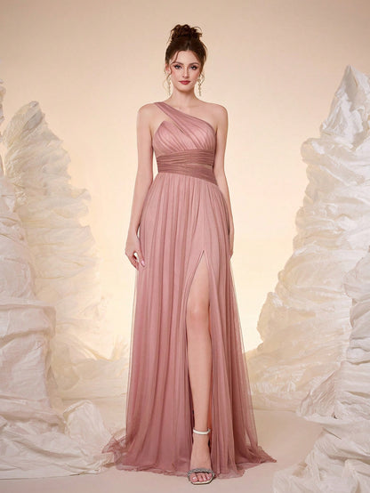 New Off Shoulder Solid Bridesmaid Dress, Sheer Mesh Ruffle High Slit Maxi Dress Wedding