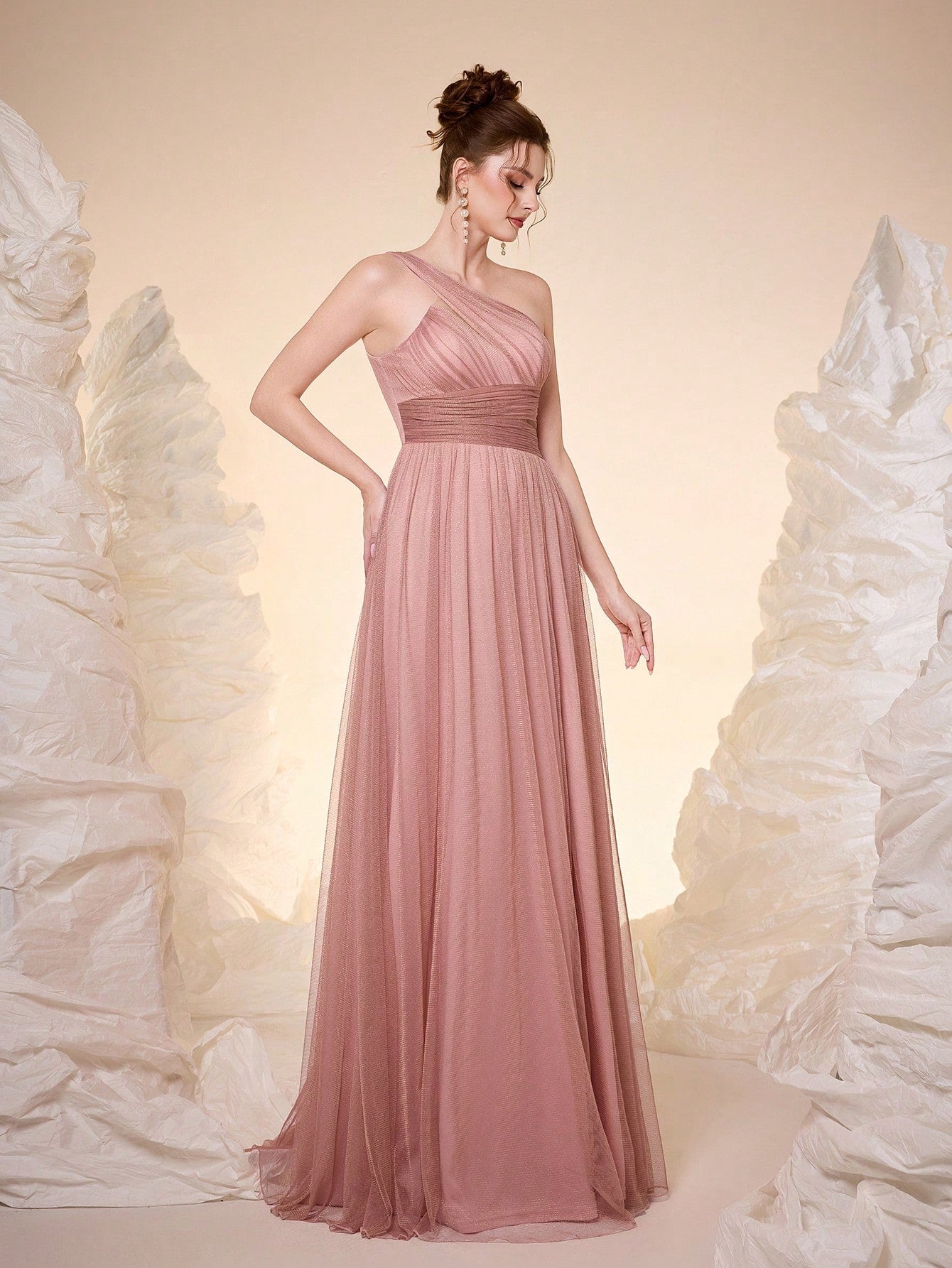 New Off Shoulder Solid Bridesmaid Dress, Sheer Mesh Ruffle High Slit Maxi Dress Wedding