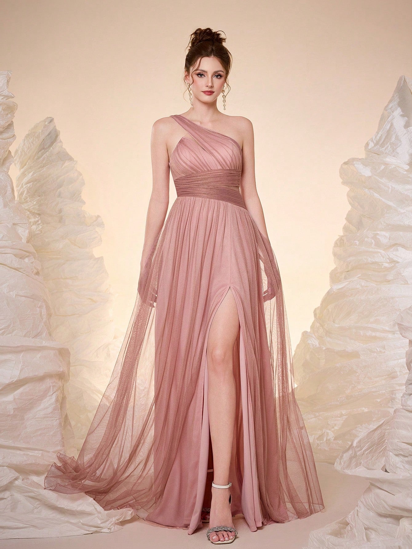 New Off Shoulder Solid Bridesmaid Dress, Sheer Mesh Ruffle High Slit Maxi Dress Wedding