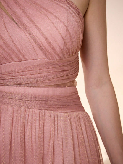 New Off Shoulder Solid Bridesmaid Dress, Sheer Mesh Ruffle High Slit Maxi Dress Wedding