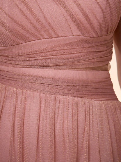 New Off Shoulder Solid Bridesmaid Dress, Sheer Mesh Ruffle High Slit Maxi Dress Wedding