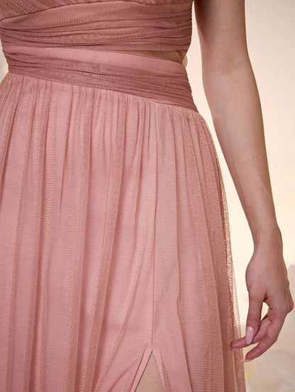 New Off Shoulder Solid Bridesmaid Dress, Sheer Mesh Ruffle High Slit Maxi Dress Wedding