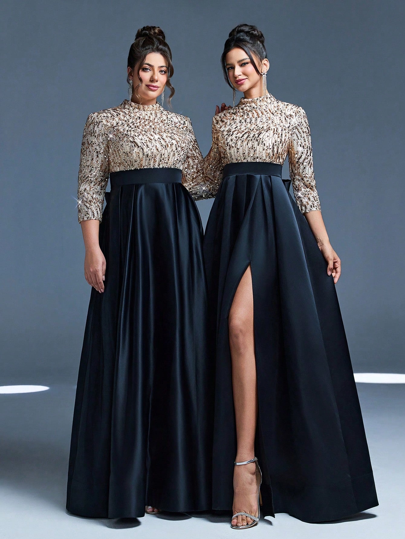 New Arrival High Neck Halter Fancy Evening Gown Dress Sequin Bow High Slit Satin A-Line Dress Party Wedding Black Spring
