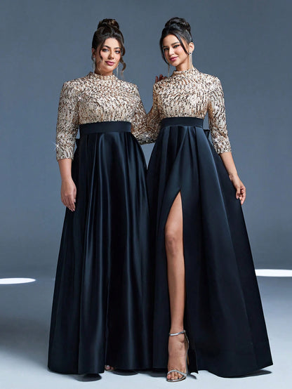 New Arrival High Neck Halter Fancy Evening Gown Dress Sequin Bow High Slit Satin A-Line Dress Party Wedding Black Spring