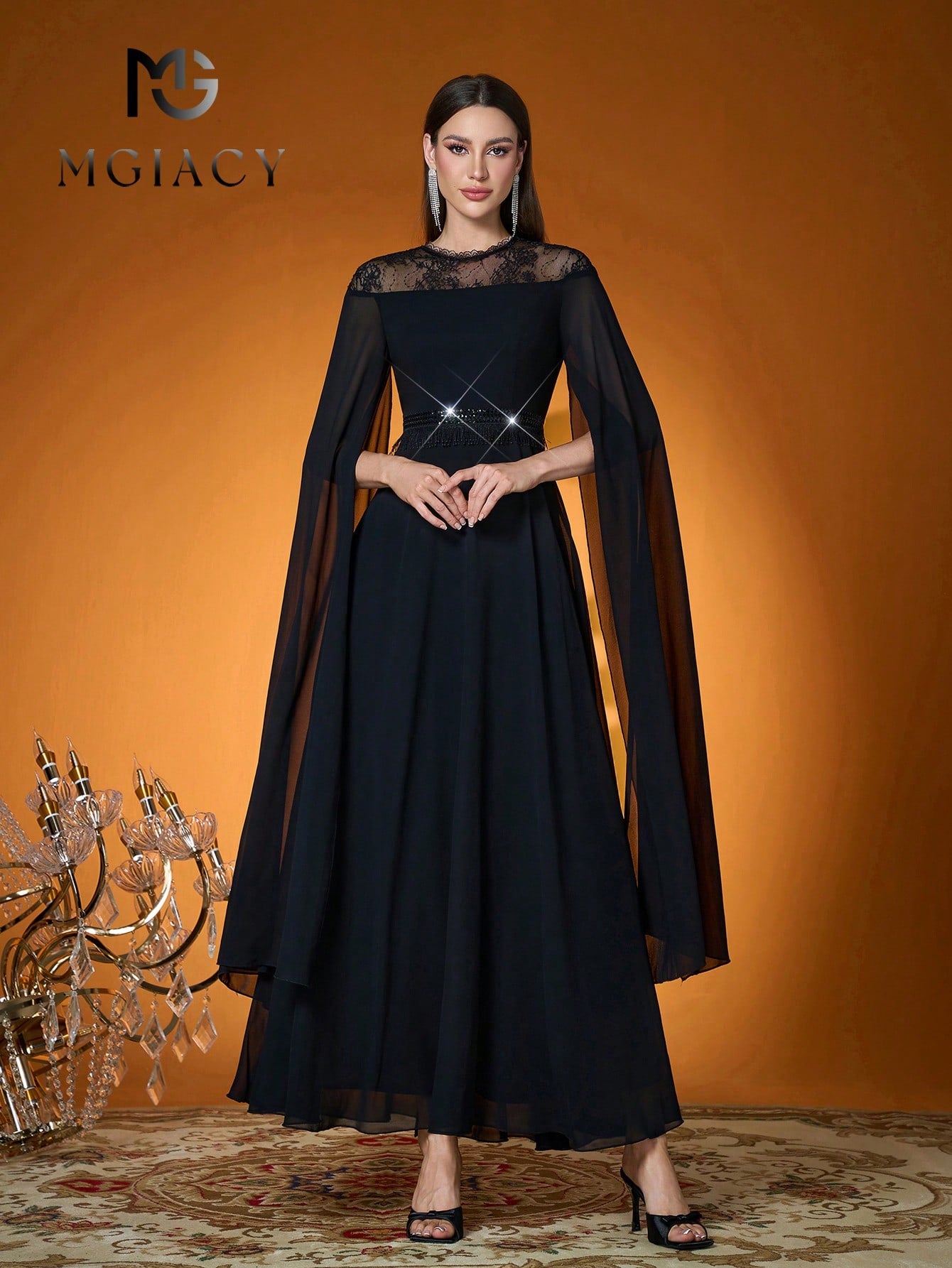 New Arrival Women's Solid Color Woven Beaded Lace Flowy Sleeve Dress