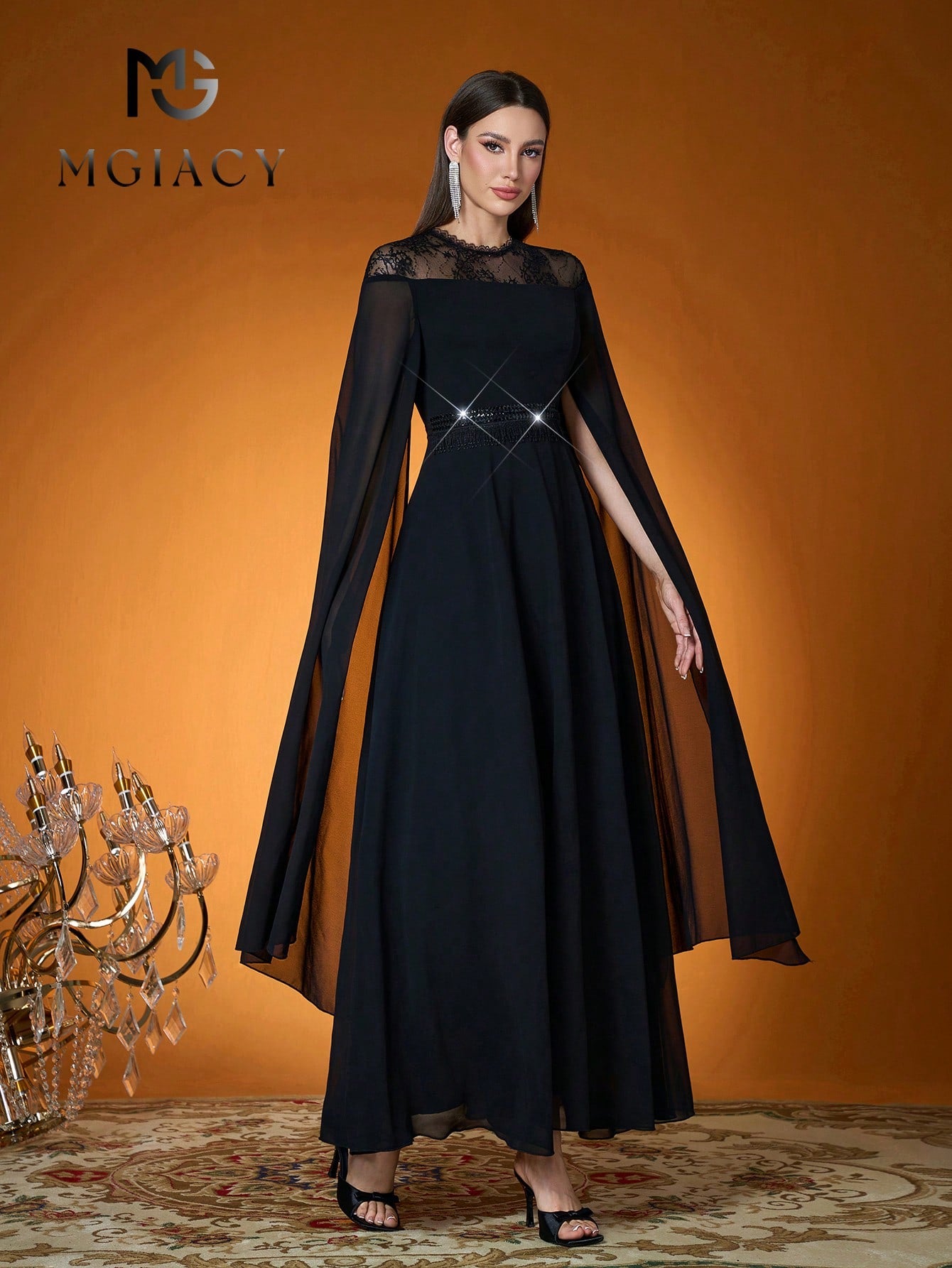 New Arrival Women's Solid Color Woven Beaded Lace Flowy Sleeve Dress