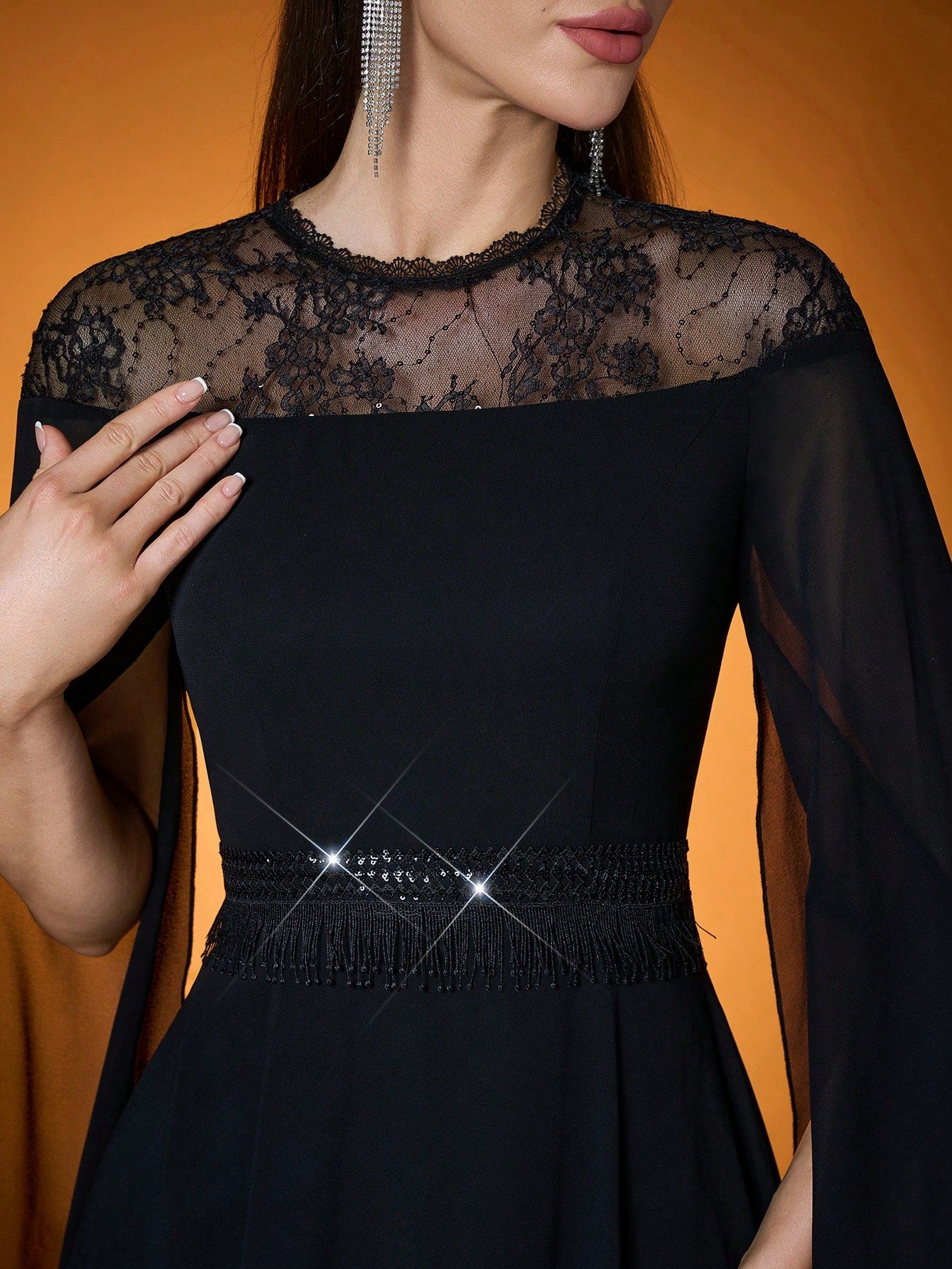 New Arrival Women's Solid Color Woven Beaded Lace Flowy Sleeve Dress
