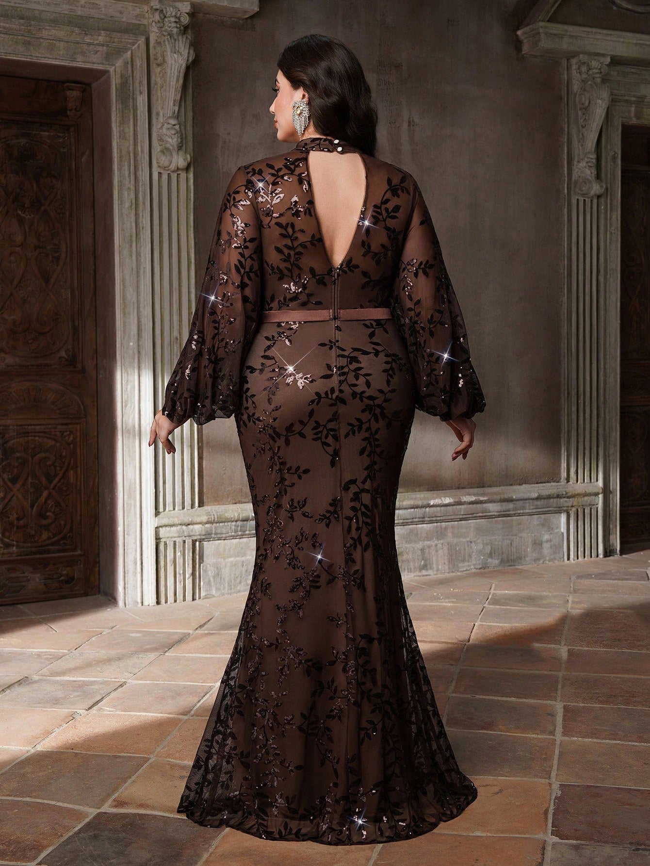 Plus Size Stand Collar Sequin Elegant Evening Dress, Sheer, Waist Belt, Lantern Sleeve, Fitted, Fishtail Hem Dress Vacation Party Wedding