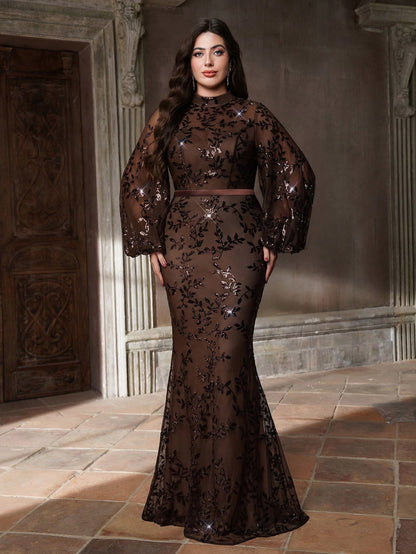 Plus Size Stand Collar Sequin Elegant Evening Dress, Sheer, Waist Belt, Lantern Sleeve, Fitted, Fishtail Hem Dress Vacation Party Wedding