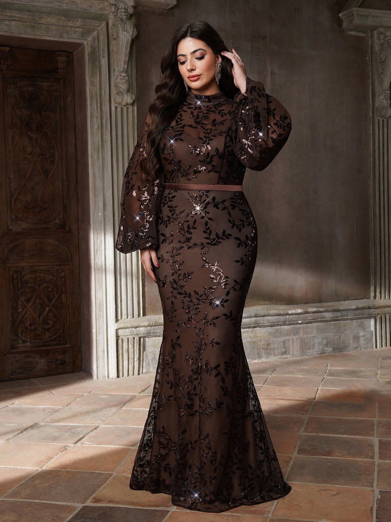 Plus Size Stand Collar Sequin Elegant Evening Dress, Sheer, Waist Belt, Lantern Sleeve, Fitted, Fishtail Hem Dress Vacation Party Wedding