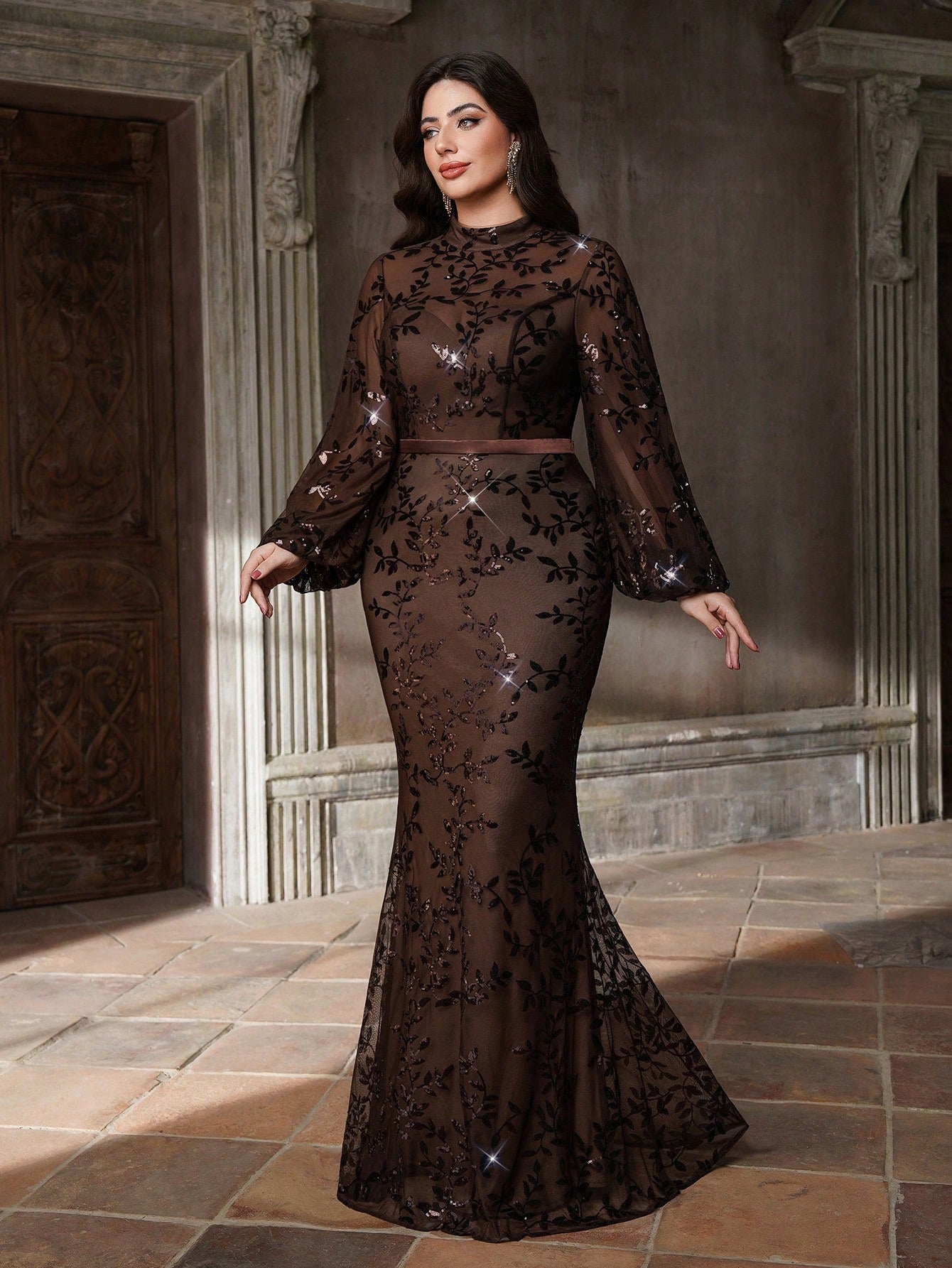 Plus Size Stand Collar Sequin Elegant Evening Dress, Sheer, Waist Belt, Lantern Sleeve, Fitted, Fishtail Hem Dress Vacation Party Wedding