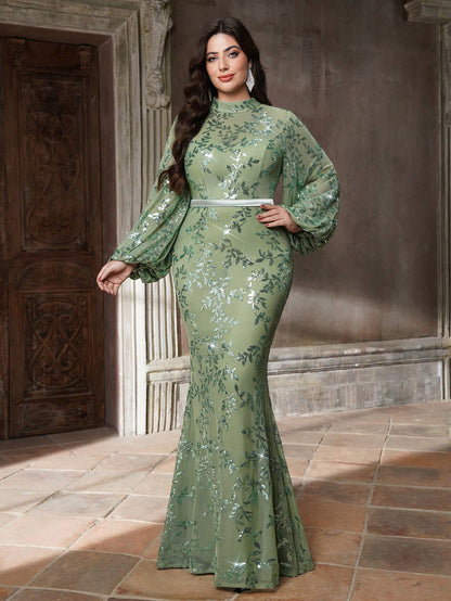 Plus Size Stand Collar Sequin Elegant Evening Dress, Sheer, Waist Belt, Lantern Sleeve, Fitted, Fishtail Hem Dress Vacation Party Wedding
