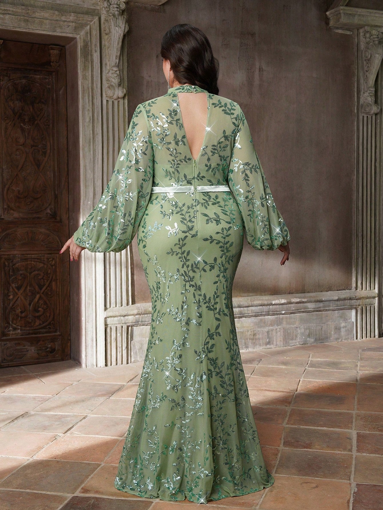 Plus Size Stand Collar Sequin Elegant Evening Dress, Sheer, Waist Belt, Lantern Sleeve, Fitted, Fishtail Hem Dress Vacation Party Wedding