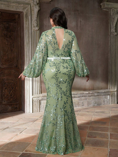 Plus Size Stand Collar Sequin Elegant Evening Dress, Sheer, Waist Belt, Lantern Sleeve, Fitted, Fishtail Hem Dress Vacation Party Wedding