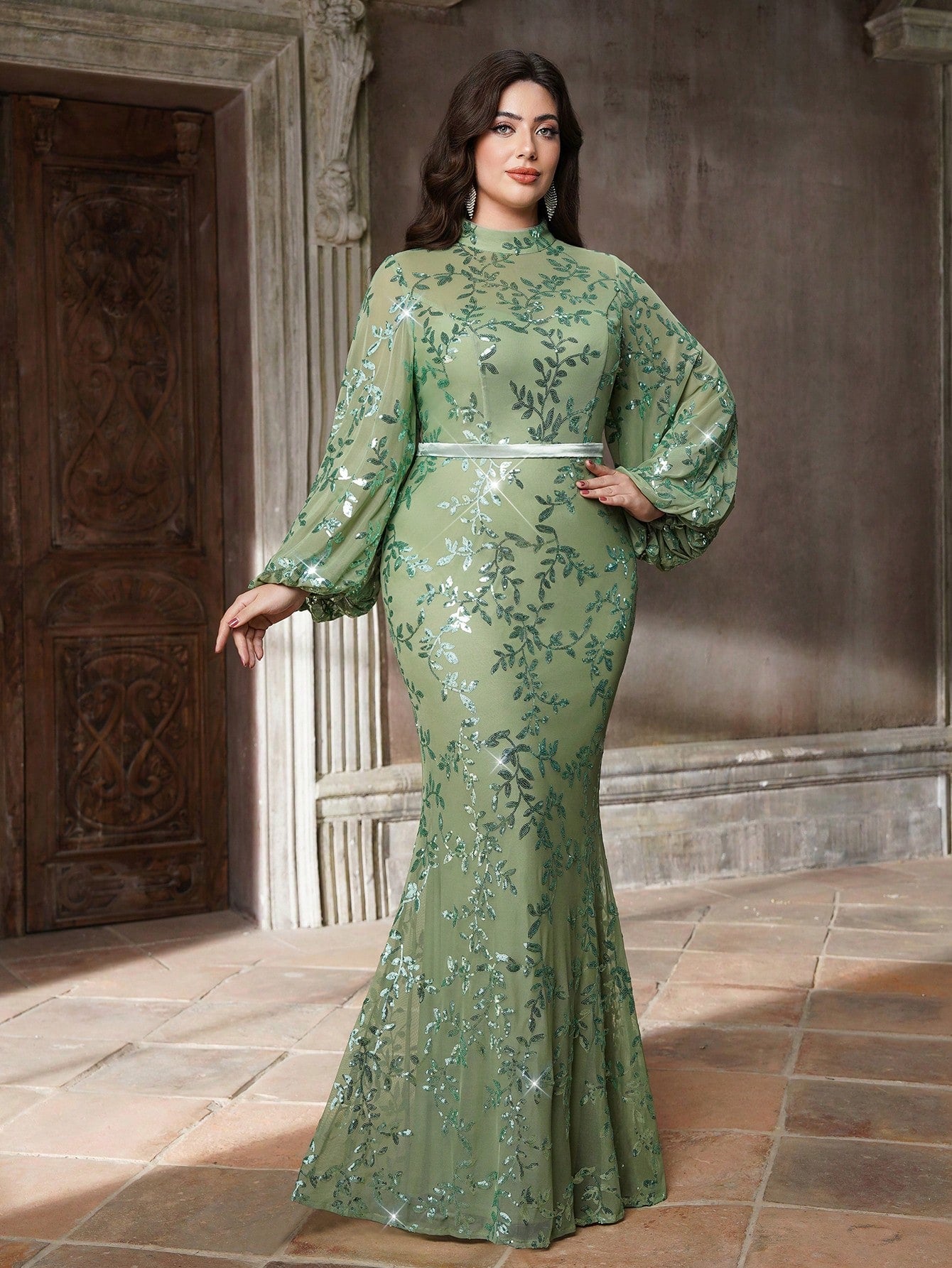 Plus Size Stand Collar Sequin Elegant Evening Dress, Sheer, Waist Belt, Lantern Sleeve, Fitted, Fishtail Hem Dress Vacation Party Wedding