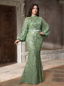 Plus Size Stand Collar Sequin Elegant Evening Dress, Sheer, Waist Belt, Lantern Sleeve, Fitted, Fishtail Hem Dress Vacation Party Wedding