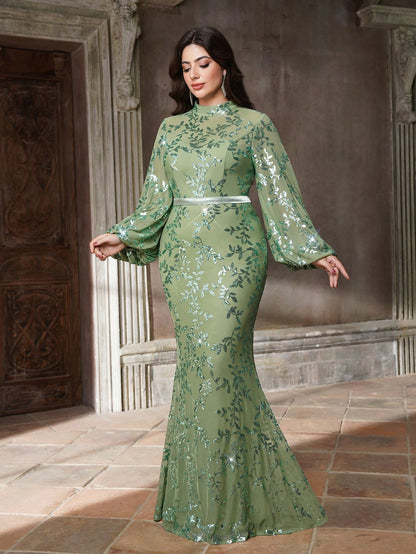 Plus Size Stand Collar Sequin Elegant Evening Dress, Sheer, Waist Belt, Lantern Sleeve, Fitted, Fishtail Hem Dress Vacation Party Wedding