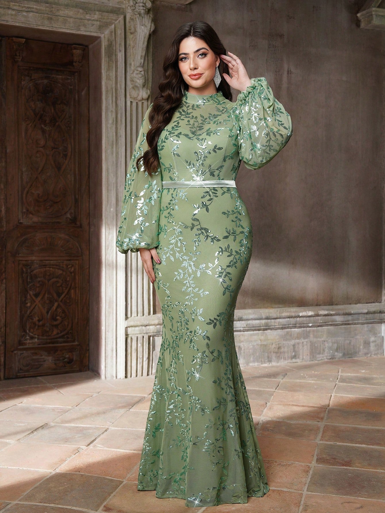 Plus Size Stand Collar Sequin Elegant Evening Dress, Sheer, Waist Belt, Lantern Sleeve, Fitted, Fishtail Hem Dress Vacation Party Wedding