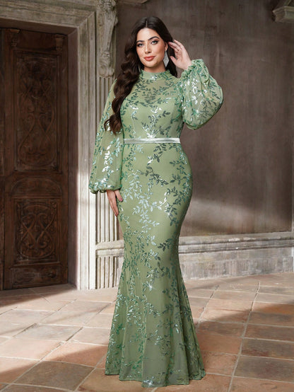 Plus Size Stand Collar Sequin Elegant Evening Dress, Sheer, Waist Belt, Lantern Sleeve, Fitted, Fishtail Hem Dress Vacation Party Wedding