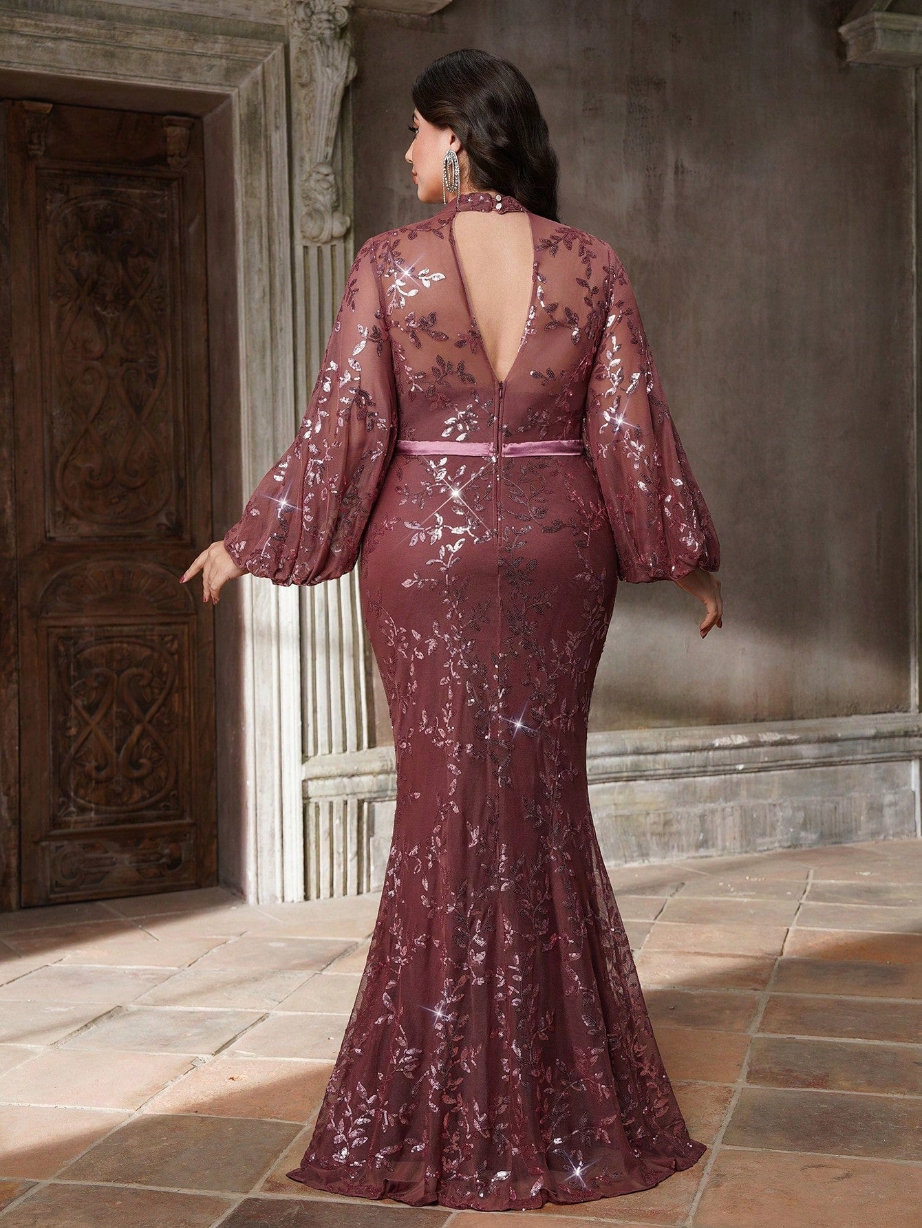 Plus Size Stand Collar Sequin Elegant Evening Dress, Sheer, Waist Belt, Lantern Sleeve, Fitted, Fishtail Hem Dress Vacation Party Wedding