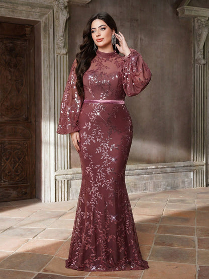 Plus Size Stand Collar Sequin Elegant Evening Dress, Sheer, Waist Belt, Lantern Sleeve, Fitted, Fishtail Hem Dress Vacation Party Wedding