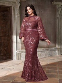 Plus Size Stand Collar Sequin Elegant Evening Dress, Sheer, Waist Belt, Lantern Sleeve, Fitted, Fishtail Hem Dress Vacation Party Wedding