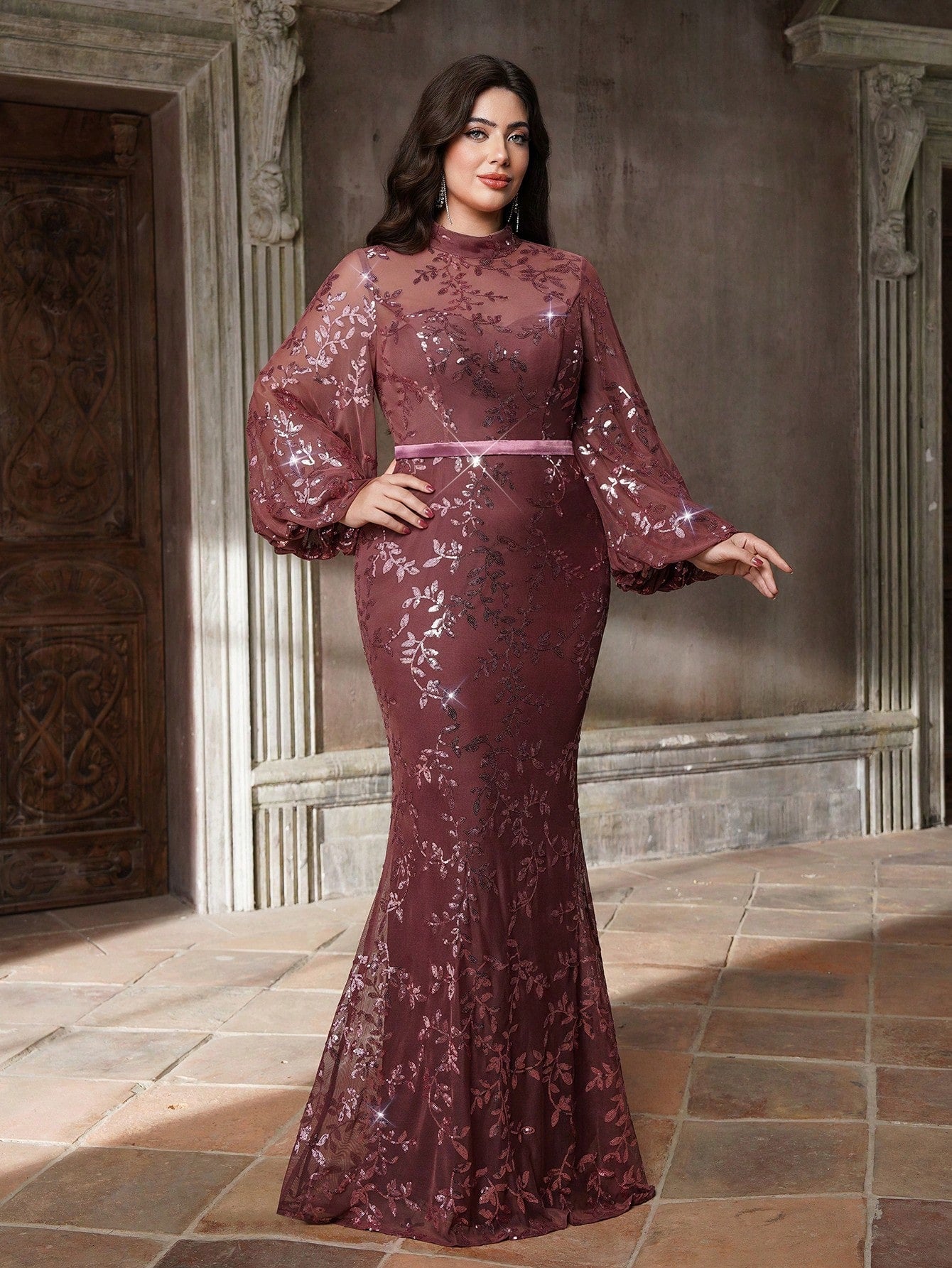 Plus Size Stand Collar Sequin Elegant Evening Dress, Sheer, Waist Belt, Lantern Sleeve, Fitted, Fishtail Hem Dress Vacation Party Wedding