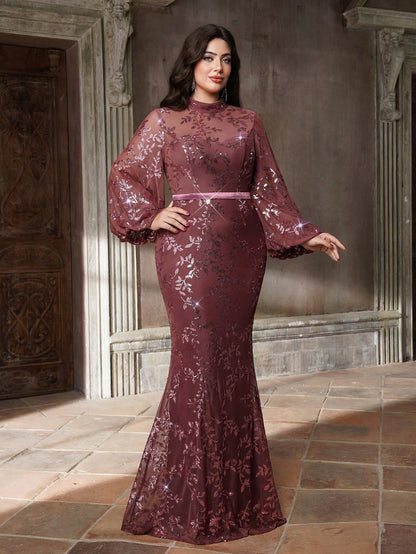 Plus Size Stand Collar Sequin Elegant Evening Dress, Sheer, Waist Belt, Lantern Sleeve, Fitted, Fishtail Hem Dress Vacation Party Wedding