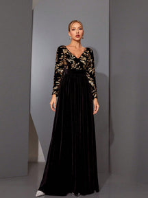 A Luxury Shiny High-Waisted Flared Long Sleeve Velvet Dress