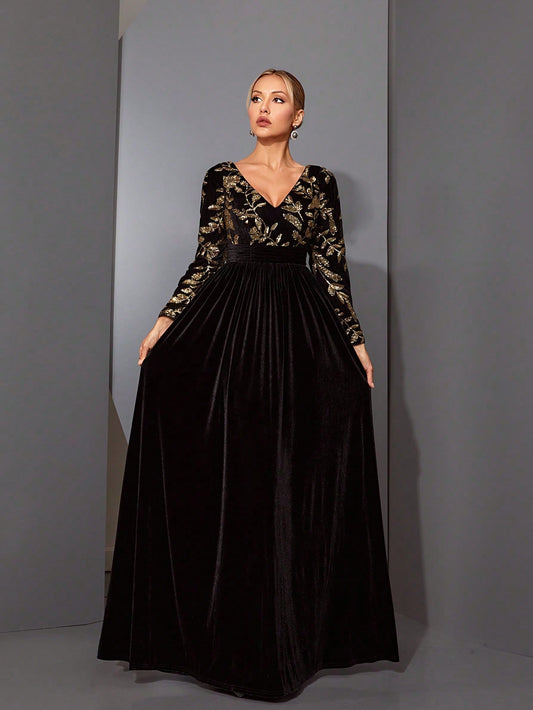 A Luxury Shiny High-Waisted Flared Long Sleeve Velvet Dress