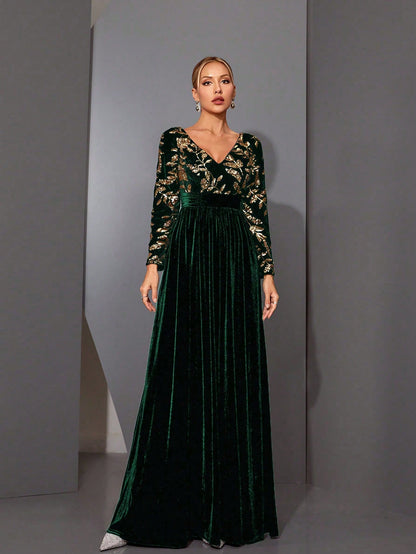 A Luxury Shiny High-Waisted Flared Long Sleeve Velvet Dress
