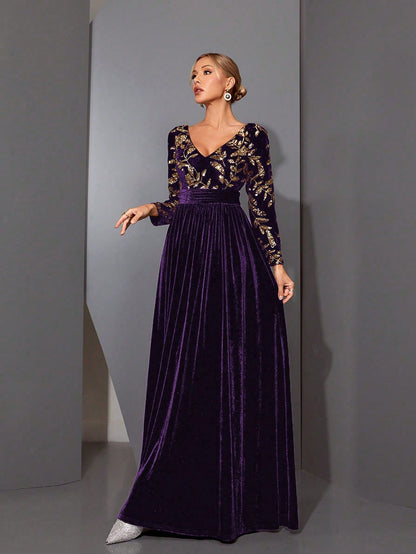 A Luxury Shiny High-Waisted Flared Long Sleeve Velvet Dress