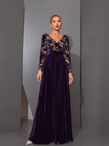 A Luxury Shiny High-Waisted Flared Long Sleeve Velvet Dress