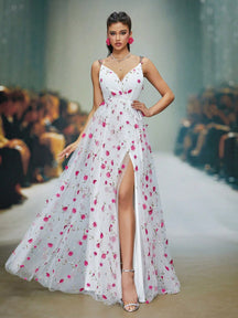 New V-Neck Sleeveless Elegant Wedding Dress, 3D Floral Lace Tie-Up High Slit A-Line Dress, White, Summer, Party, Luxury