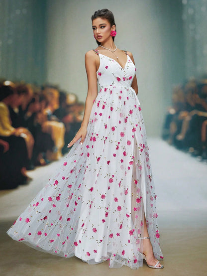 New V-Neck Sleeveless Elegant Wedding Dress, 3D Floral Lace Tie-Up High Slit A-Line Dress, White, Summer, Party, Luxury