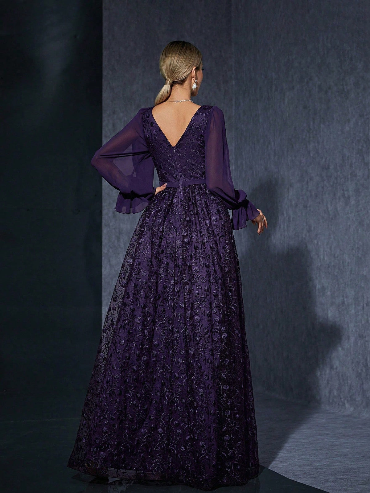 Women Purple Summer Elegant Embroidery Maxi Dress, V-Neck Chiffon Long Sleeve Flared Hem Formal Evening Gown For Wedding Guest Party Holiday