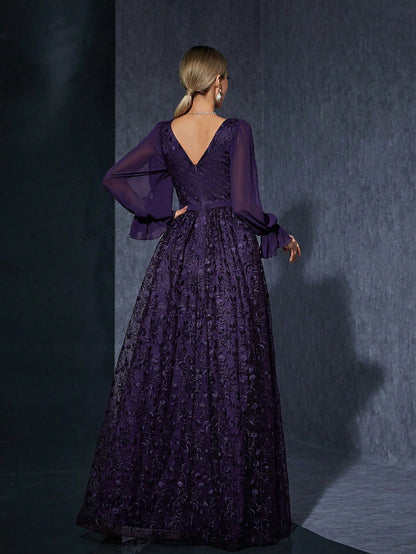 Women Purple Summer Elegant Embroidery Maxi Dress, V-Neck Chiffon Long Sleeve Flared Hem Formal Evening Gown For Wedding Guest Party Holiday