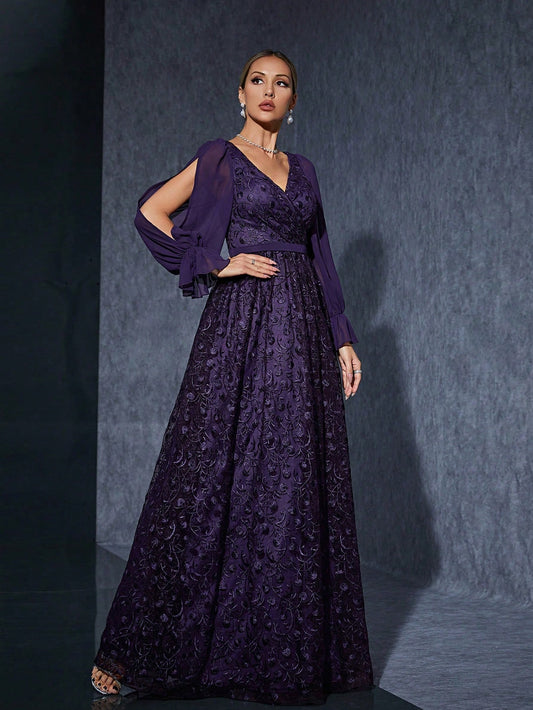 Women Purple Summer Elegant Embroidery Maxi Dress, V-Neck Chiffon Long Sleeve Flared Hem Formal Evening Gown For Wedding Guest Party Holiday