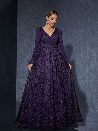 Women Purple Summer Elegant Embroidery Maxi Dress, V-Neck Chiffon Long Sleeve Flared Hem Formal Evening Gown For Wedding Guest Party Holiday